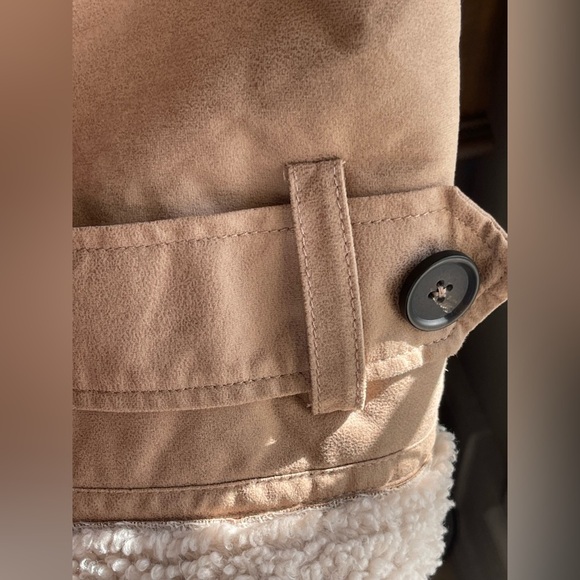 Great Jones Sherpa Lined Women's Tan Double-Breasted Faux Leather Coat - Picture 8 of 15